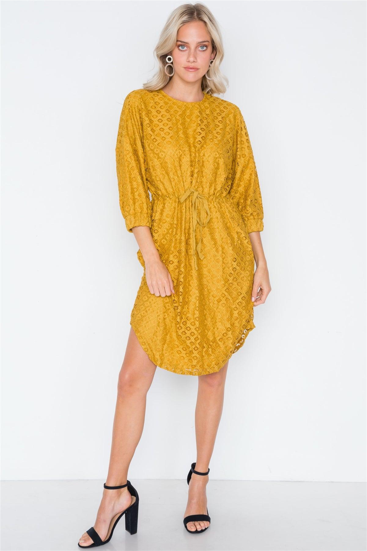 Mustard 3/4 Sleeve Patterned Lace Shift Dress /4-2-1