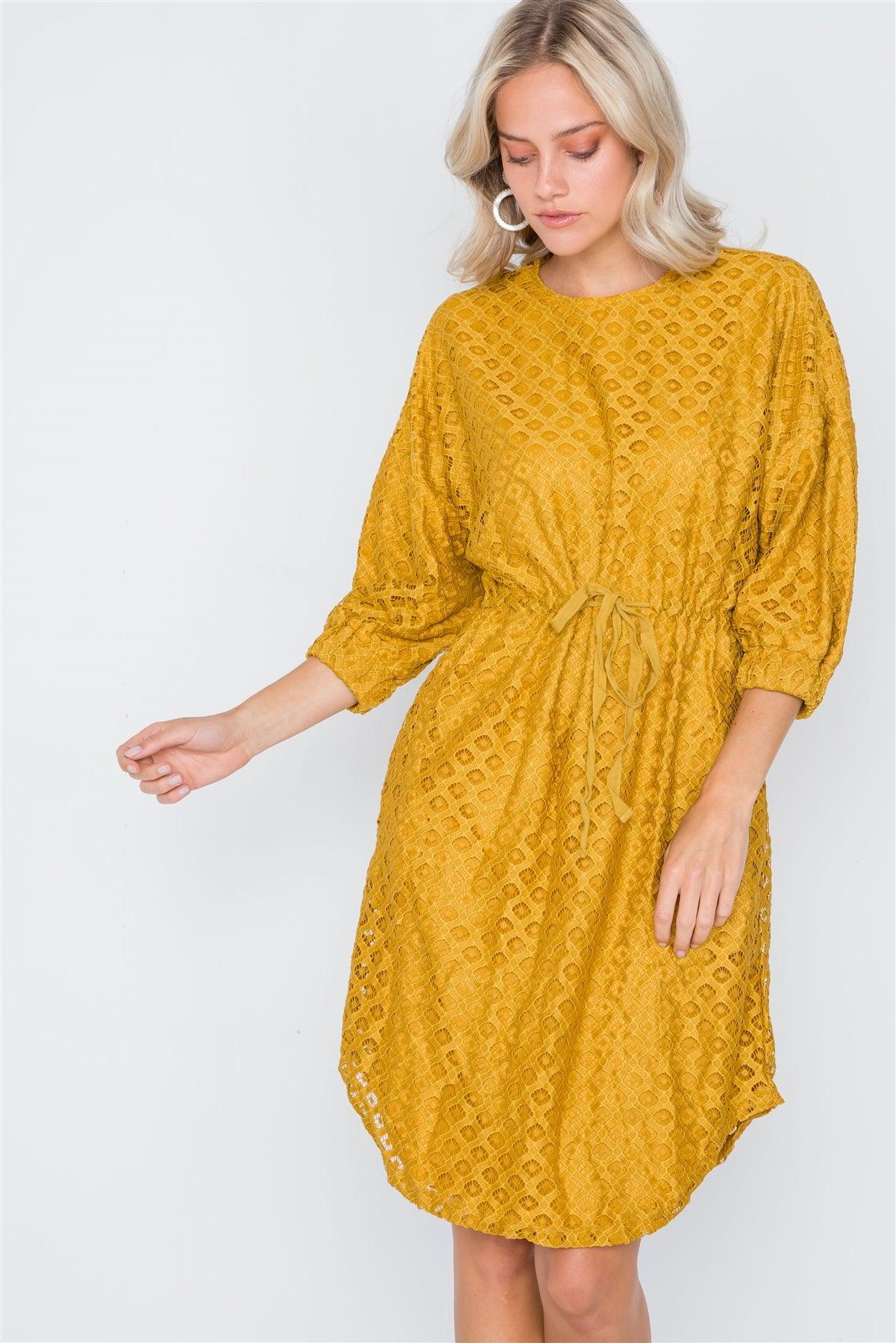 Mustard 3/4 Sleeve Patterned Lace Shift Dress /4-2-1