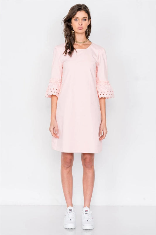 Blush Scallop Eyelet Trim 3/4 Sleeve Vintage Mini Shift Dress /2-2-2 - Tasha Apparel Wholesale