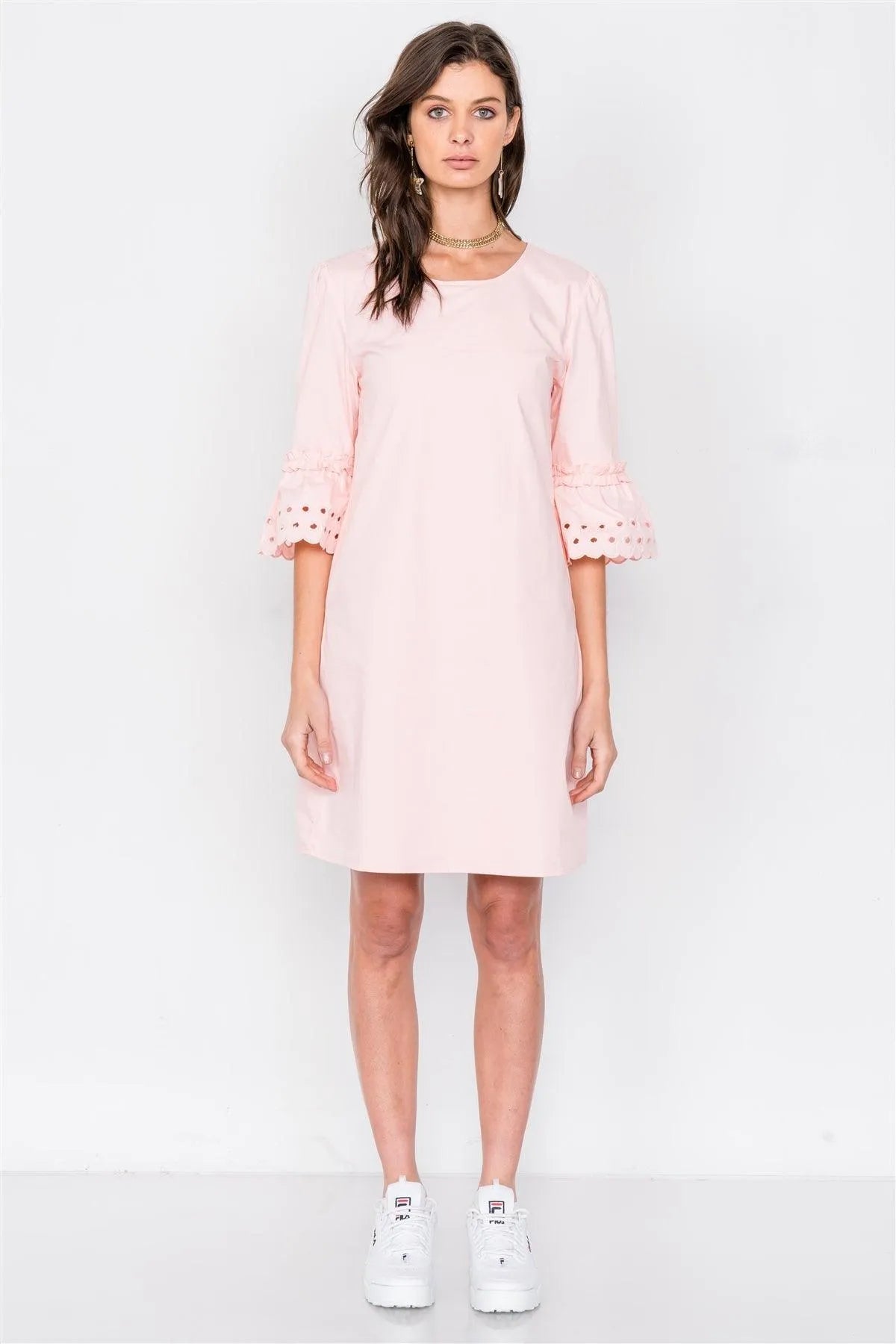Blush Scallop Eyelet Trim 3/4 Sleeve Vintage Mini Shift Dress /3-2-2 - Tasha Apparel Wholesale