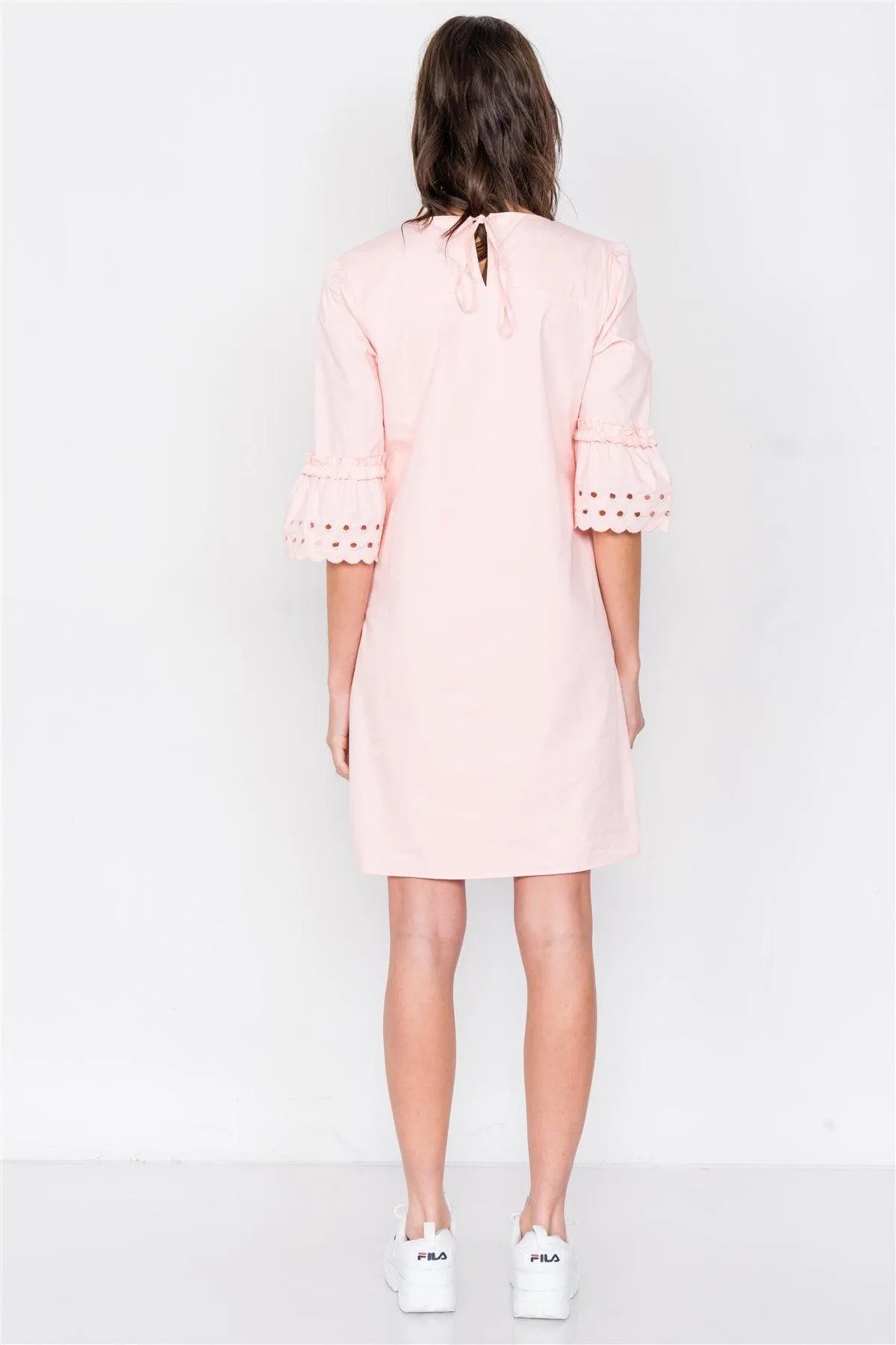 Blush Scallop Eyelet Trim 3/4 Sleeve Vintage Mini Shift Dress /3-2-2 - Tasha Apparel Wholesale