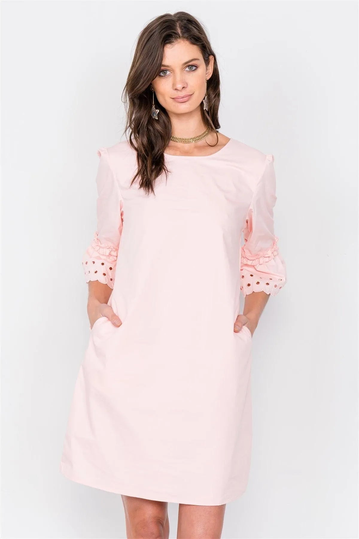 Blush Scallop Eyelet Trim 3/4 Sleeve Vintage Mini Shift Dress /3-2-2 - Tasha Apparel Wholesale