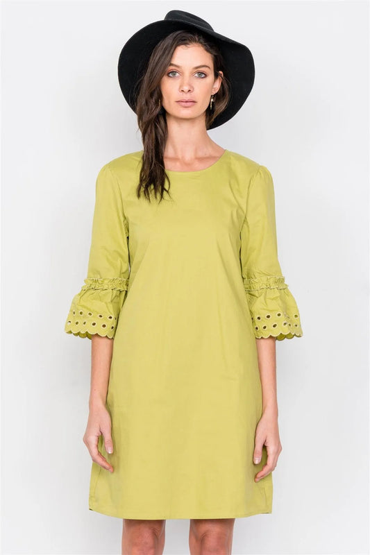 Lime Scallop Eyelet Trim 3/4 Sleeve Vintage Mini Shift Dress /2-2-2 - Tasha Apparel Wholesale