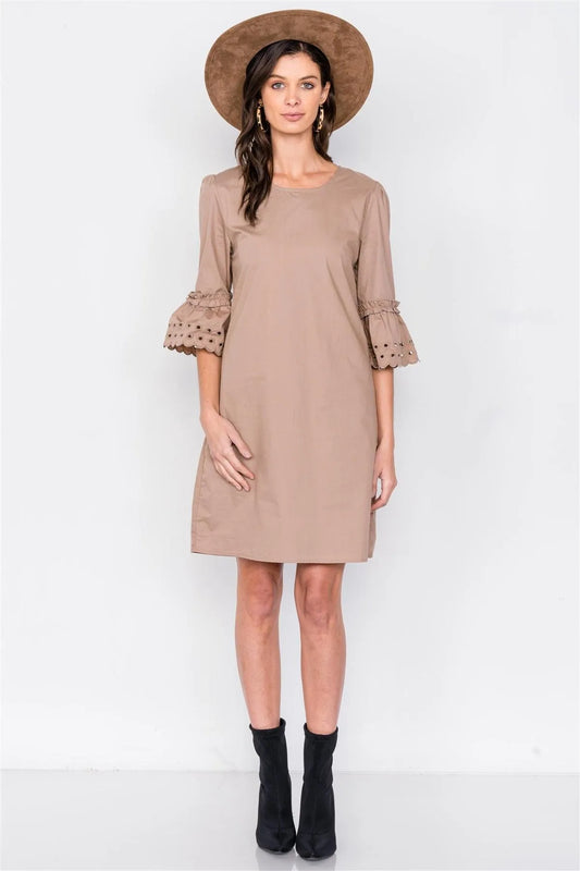 Taupe Scallop Eyelet Trim 3/4 Sleeve Vintage Mini Shift Dress /3-2 - Tasha Apparel Wholesale