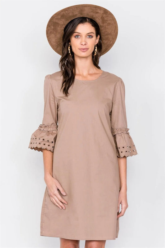 Taupe Scallop Eyelet Trim 3/4 Sleeve Vintage Mini Shift Dress /2-2-2 - Tasha Apparel Wholesale