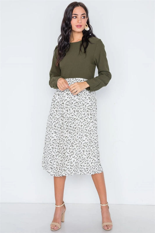 Olive Combo Long Sleeve Leaf Print Midi Shift Dress /3-2-1 - Tasha Apparel Wholesale