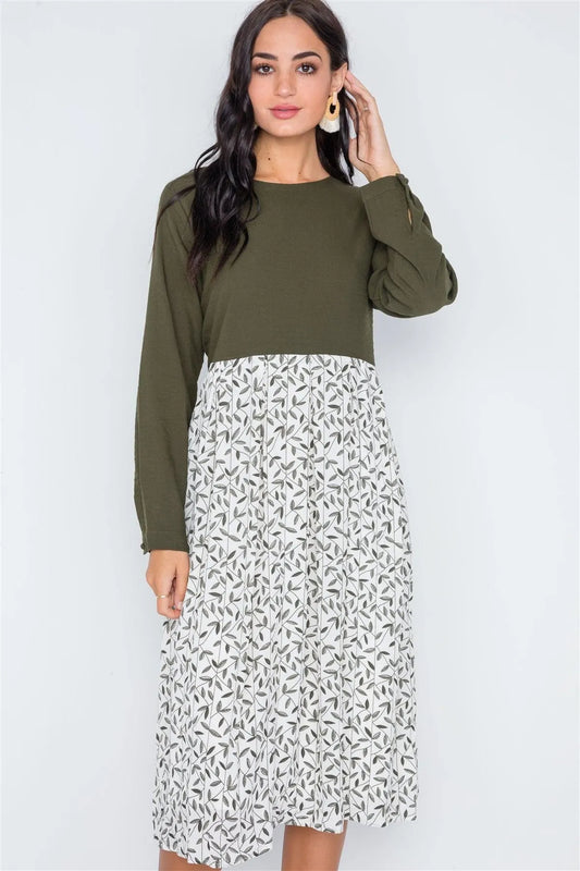 Olive Combo Long Sleeve Leaf Print Midi Shift Dress /4-2 - Tasha Apparel Wholesale