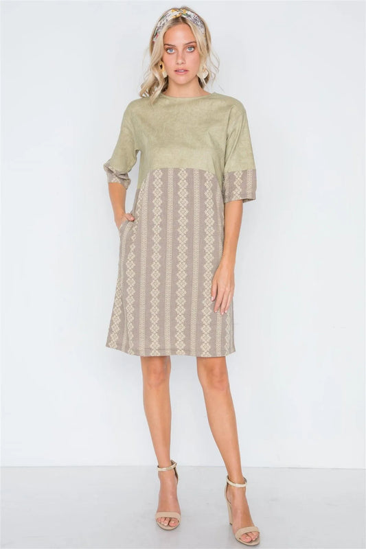 Mocha Olive Contrast Design Shift Boho Dress - Tasha Apparel Wholesale