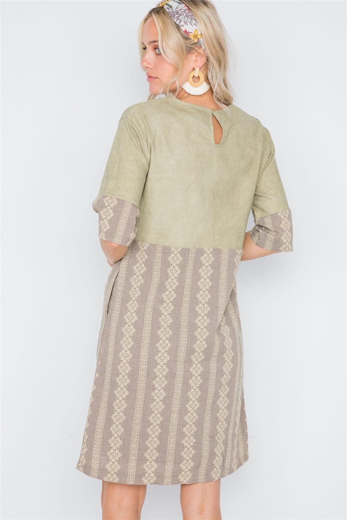 Mocha Olive Contrast Design Shift Boho Dress