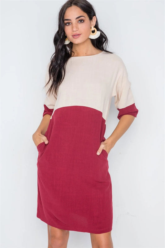 Dark Brick 3/4 Sleeve Contrast Shift Boho Dress /2-2-2 - Tasha Apparel Wholesale