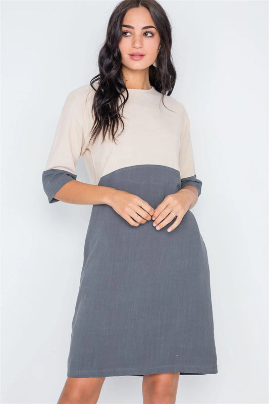 Charcoal 3/4 Sleeve Contrast Shift Boho Dress /2-2-2 - Tasha Apparel Wholesale