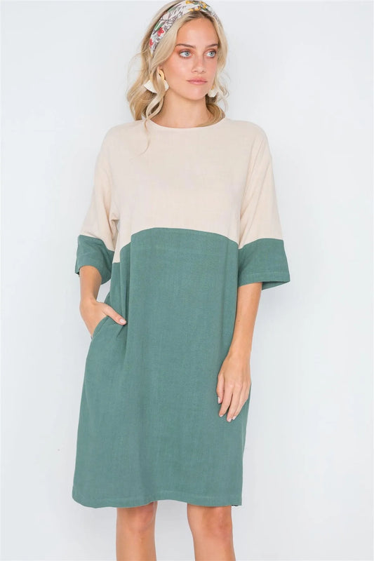 Heather Green 3/4 Sleeve Contrast Shift Boho Dress /2-2-2 - Tasha Apparel Wholesale