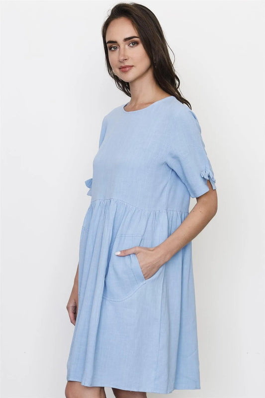 Light Denim Front Pockets Mini Dress /2-2-2 - Tasha Apparel Wholesale