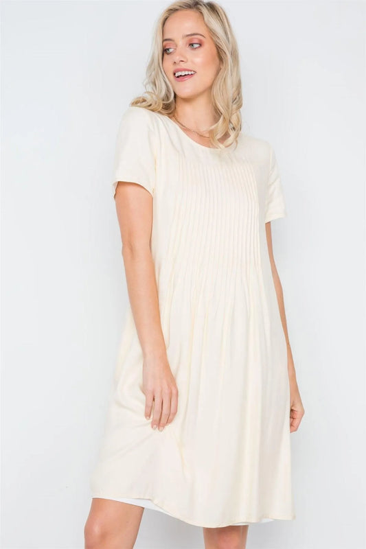 Ivory Short Sleeve Pleated Boho Dress /2-2-2 - Tasha Apparel Wholesale