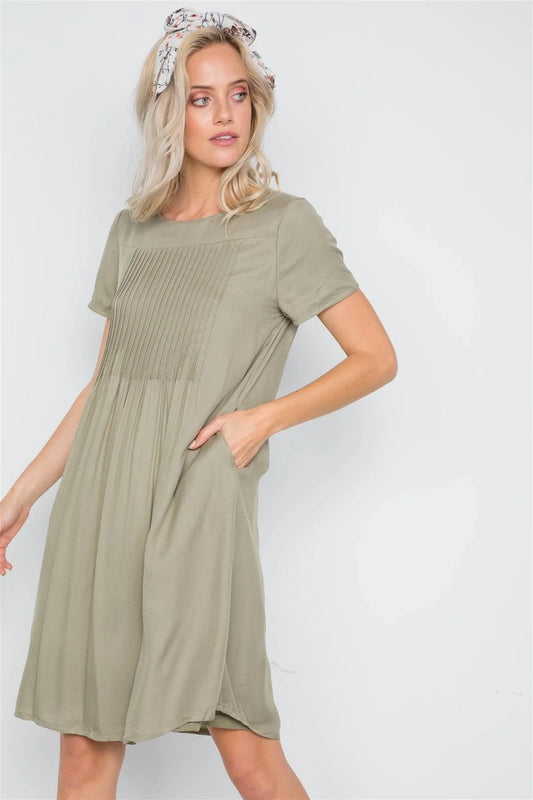 Light Olive Short Sleeve Pleated Boho Dress /2-2-2 - Tasha Apparel Wholesale