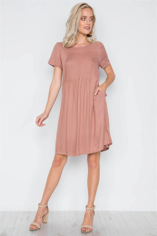 Mauve Short Sleeve Pleated Boho Dress /2-2 - Tasha Apparel Wholesale