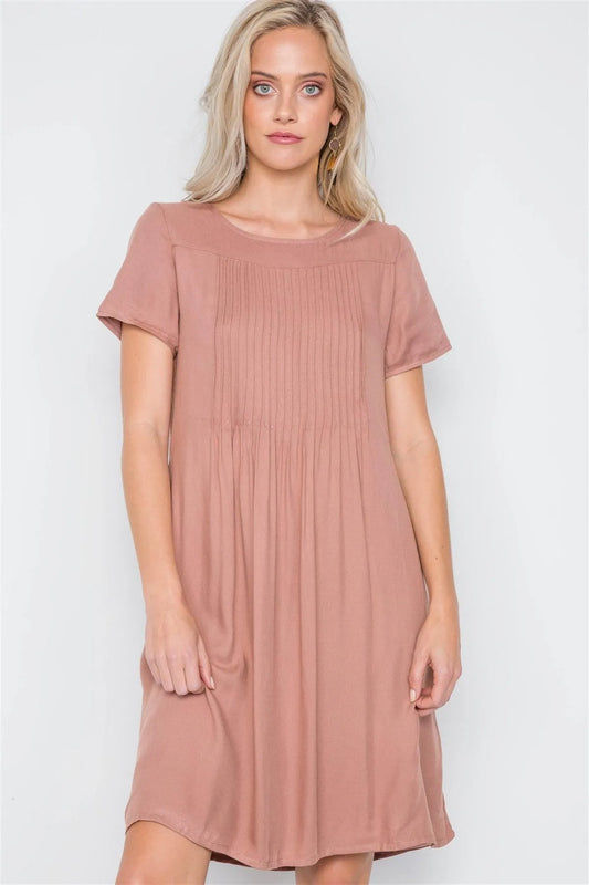 Mauve Short Sleeve Pleated Boho Dress /2-2-2 - Tasha Apparel Wholesale