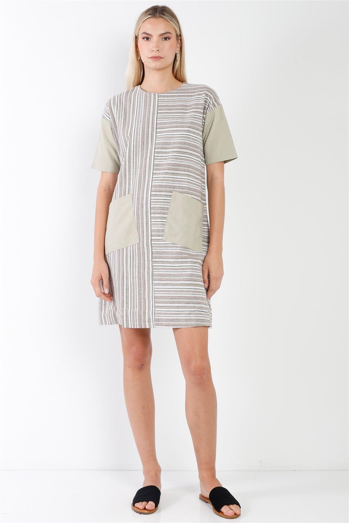 Taupe Combo Stripe Short Sleeve Shift Boho Dress