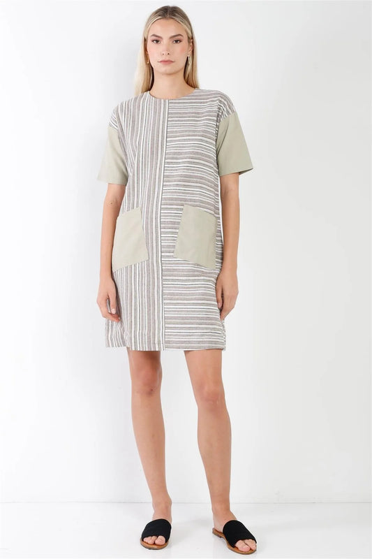 Taupe Combo Stripe Short Sleeve Shift Boho Dress /2-2-2 - Tasha Apparel Wholesale