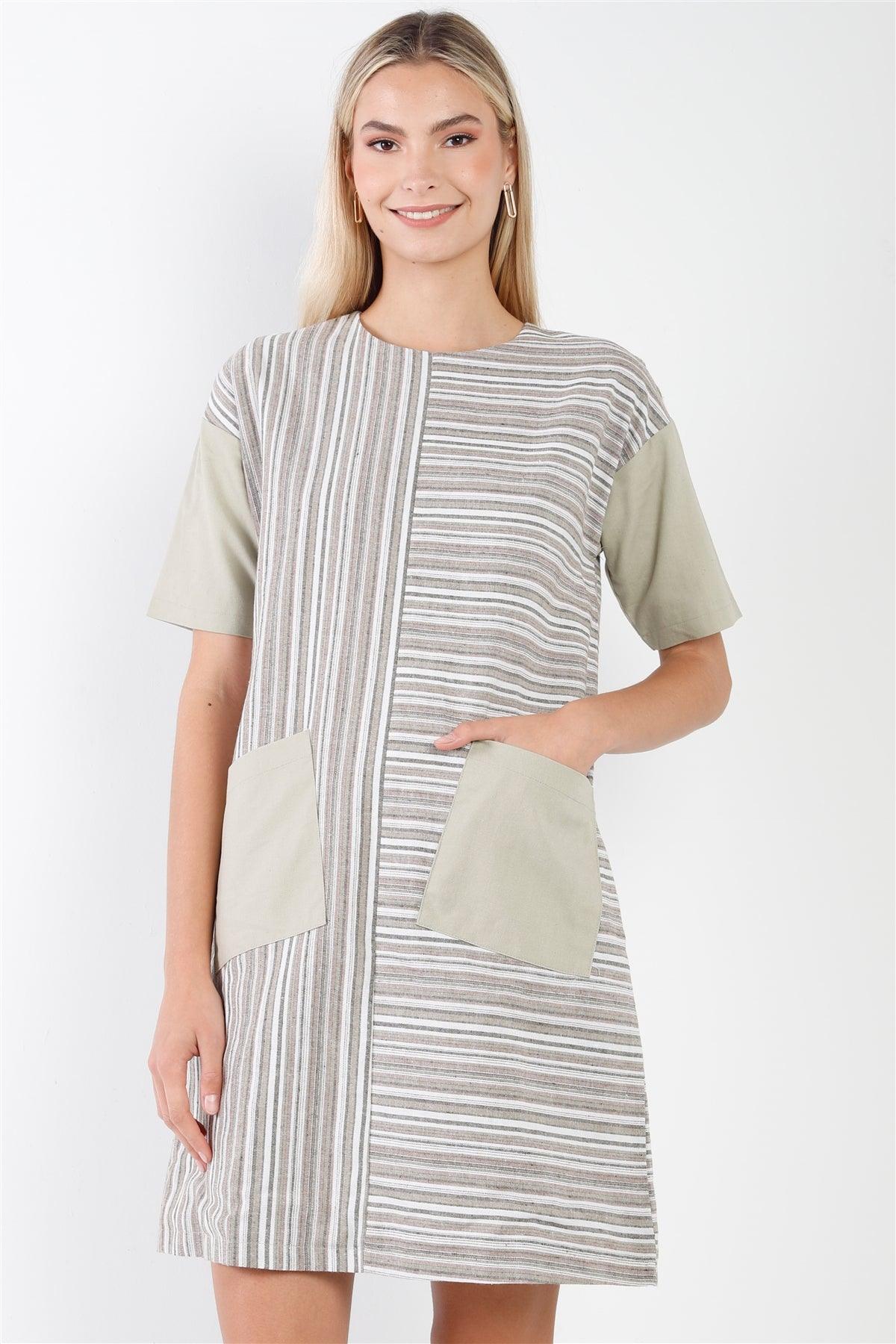 Taupe Combo Stripe Short Sleeve Shift Boho Dress /2-2-2