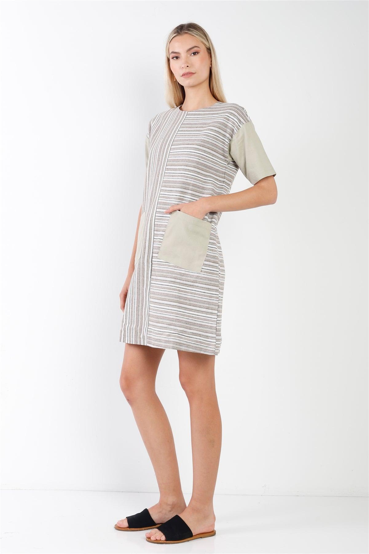Taupe Combo Stripe Short Sleeve Shift Boho Dress /2-2-2