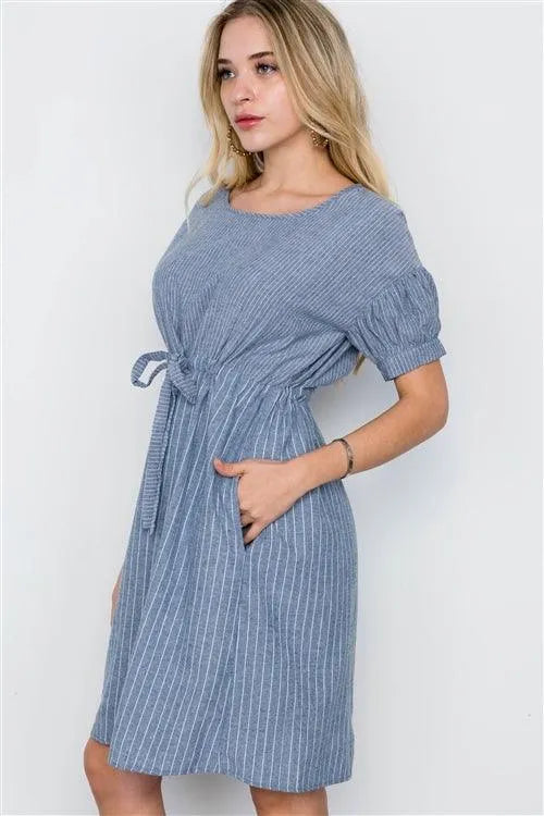 Blue Stripe Short Sleeve Boho Midi Dress /4-2 - Tasha Apparel Wholesale