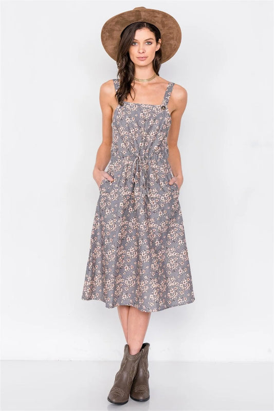 Grey Cotton Button Tank Top Adjustable A-Line Midi Dress /1-2-2 - Tasha Apparel Wholesale