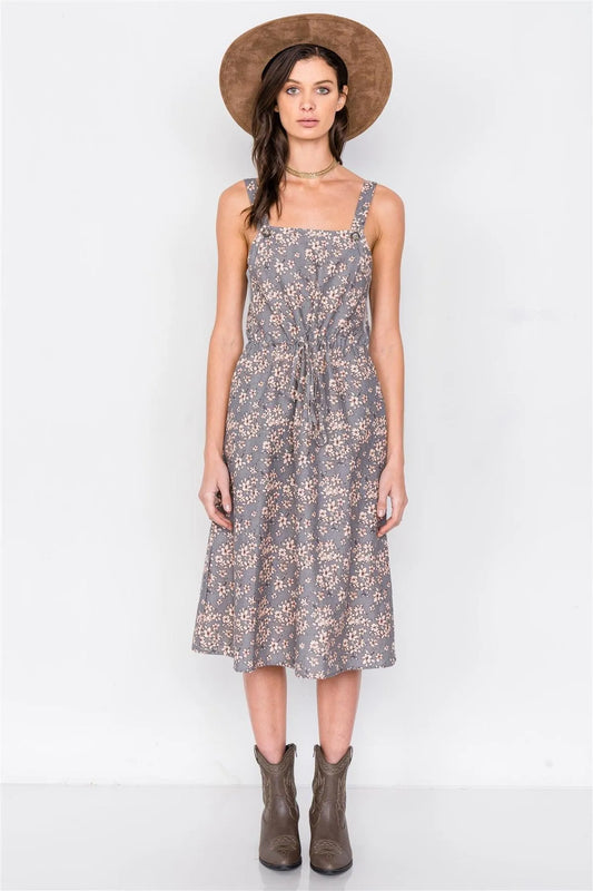 Grey Cotton Button Tank Top Adjustable A-Line Midi Dress /2-2-2 - Tasha Apparel Wholesale