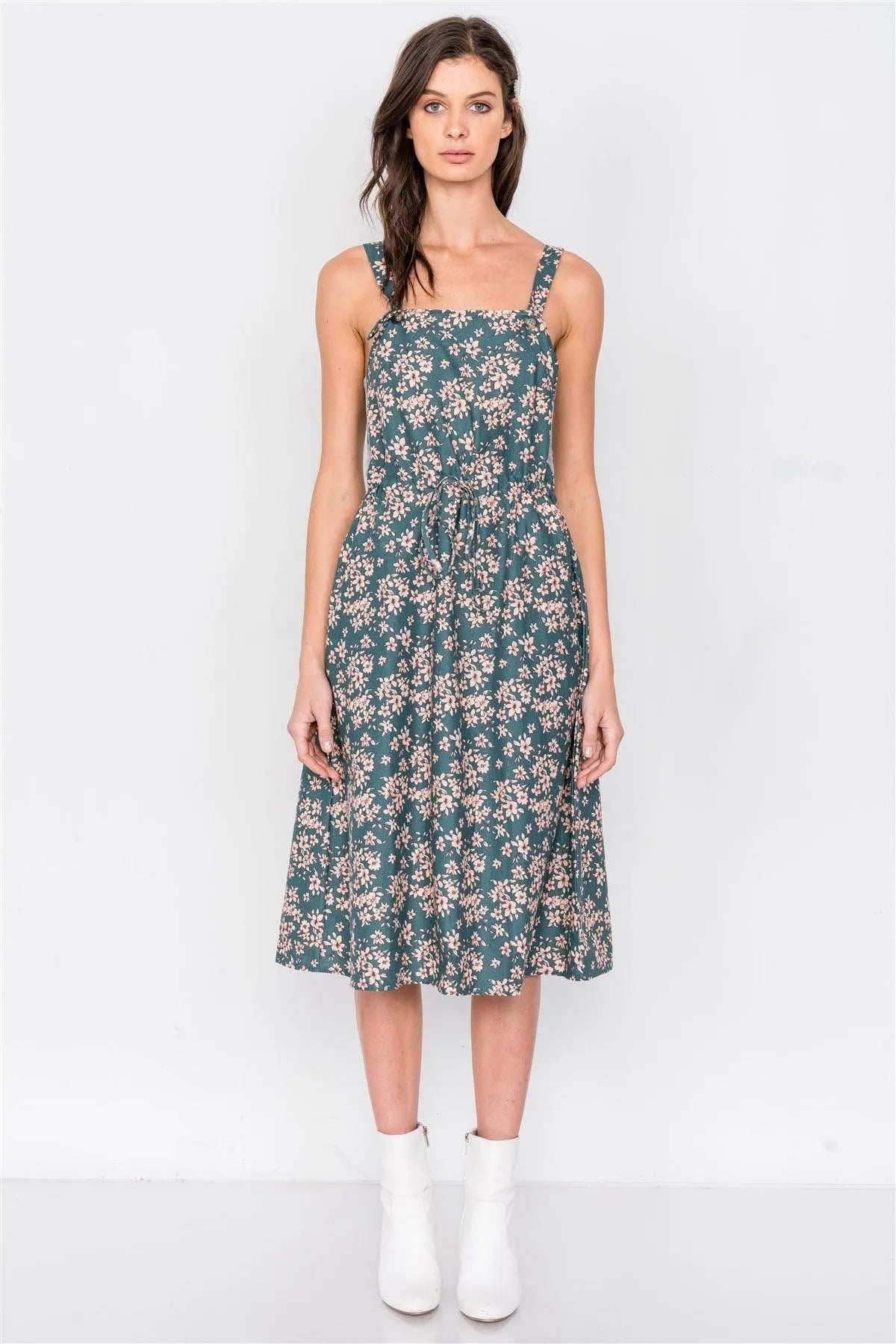 Hunter Green Cotton Button Tank Top Adjustable A-Line Midi Dress /2-2-2 - Tasha Apparel Wholesale