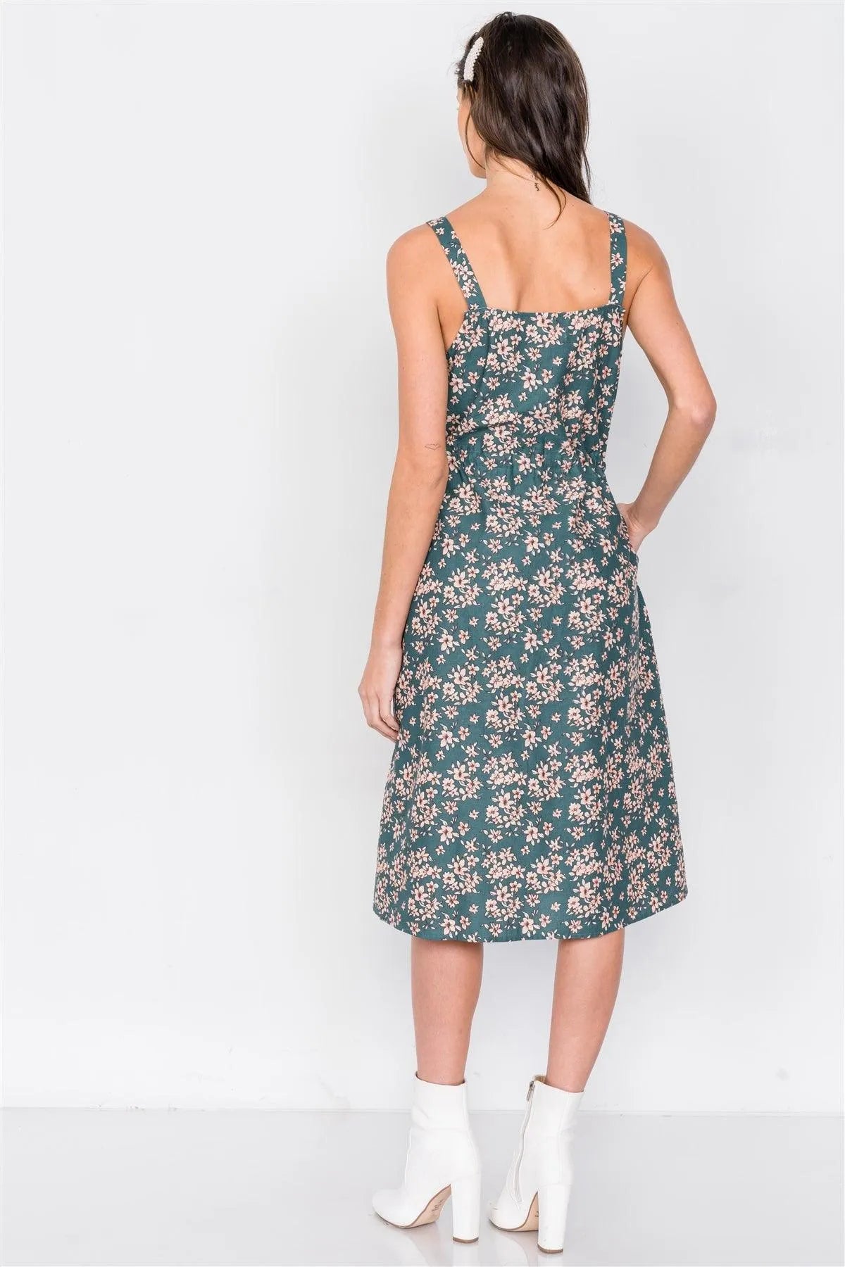 Hunter Green Cotton Button Tank Top Adjustable A-Line Midi Dress /2-2-2 - Tasha Apparel Wholesale