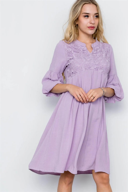 Lavender Crochet Combo Boho Dress / 2-2-2 - Tasha Apparel Wholesale