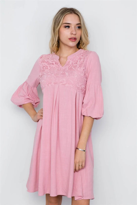 Pink Crochet Combo Boho Dress /1-2-2 - Tasha Apparel Wholesale
