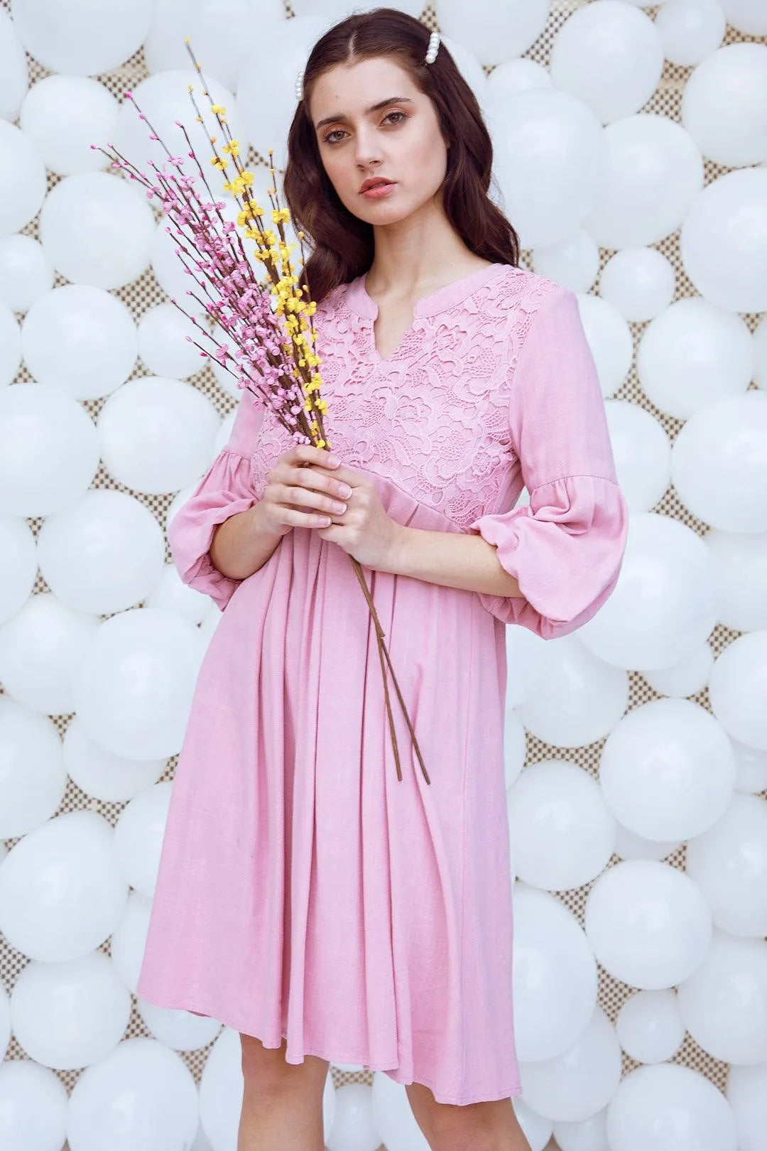 Pink Crochet Combo Boho Dress / 2-2-2 - Tasha Apparel Wholesale