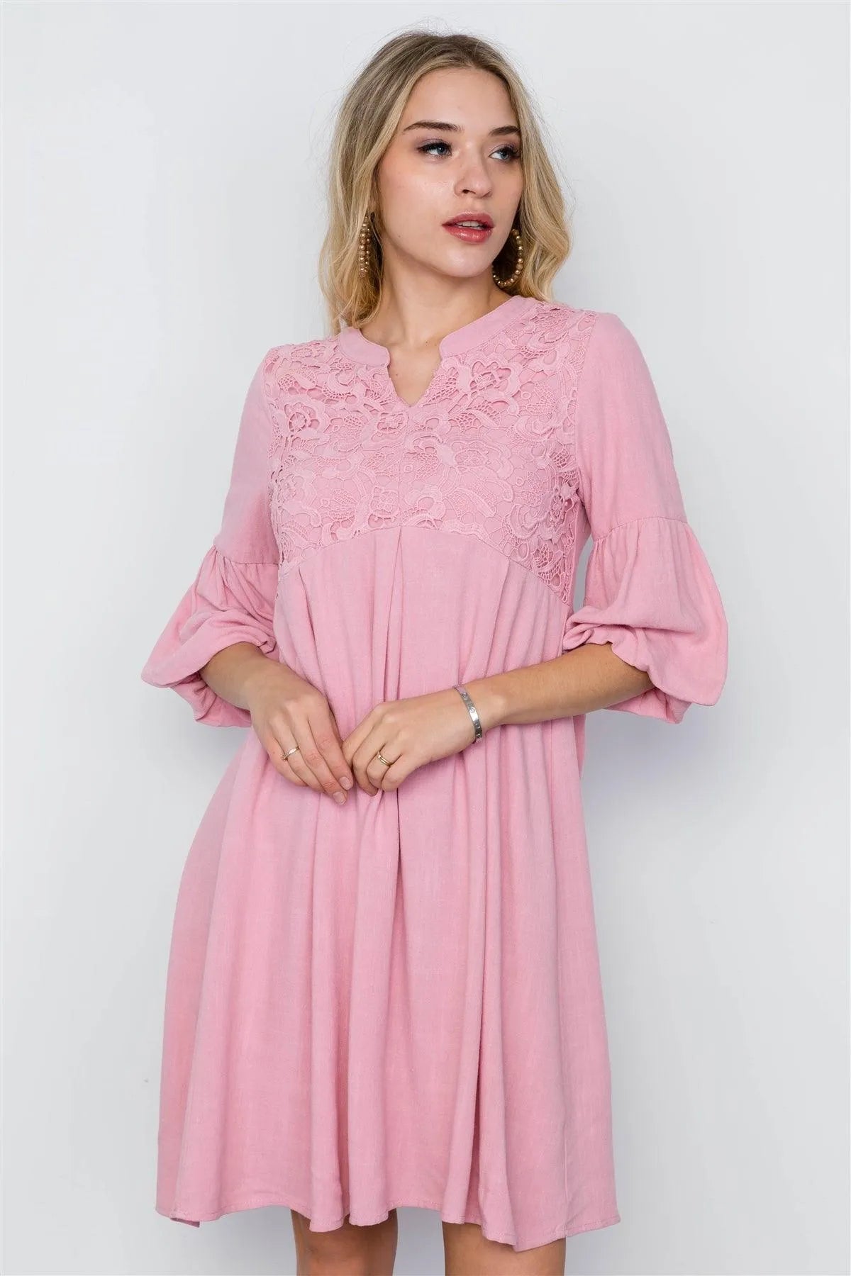 Pink Crochet Combo Boho Dress / 2-2-2 - Tasha Apparel Wholesale