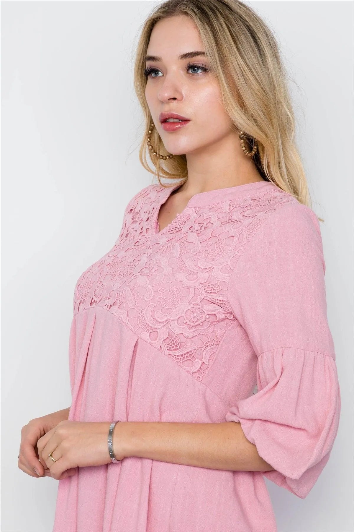 Pink Crochet Combo Boho Dress / 2-2-2 - Tasha Apparel Wholesale