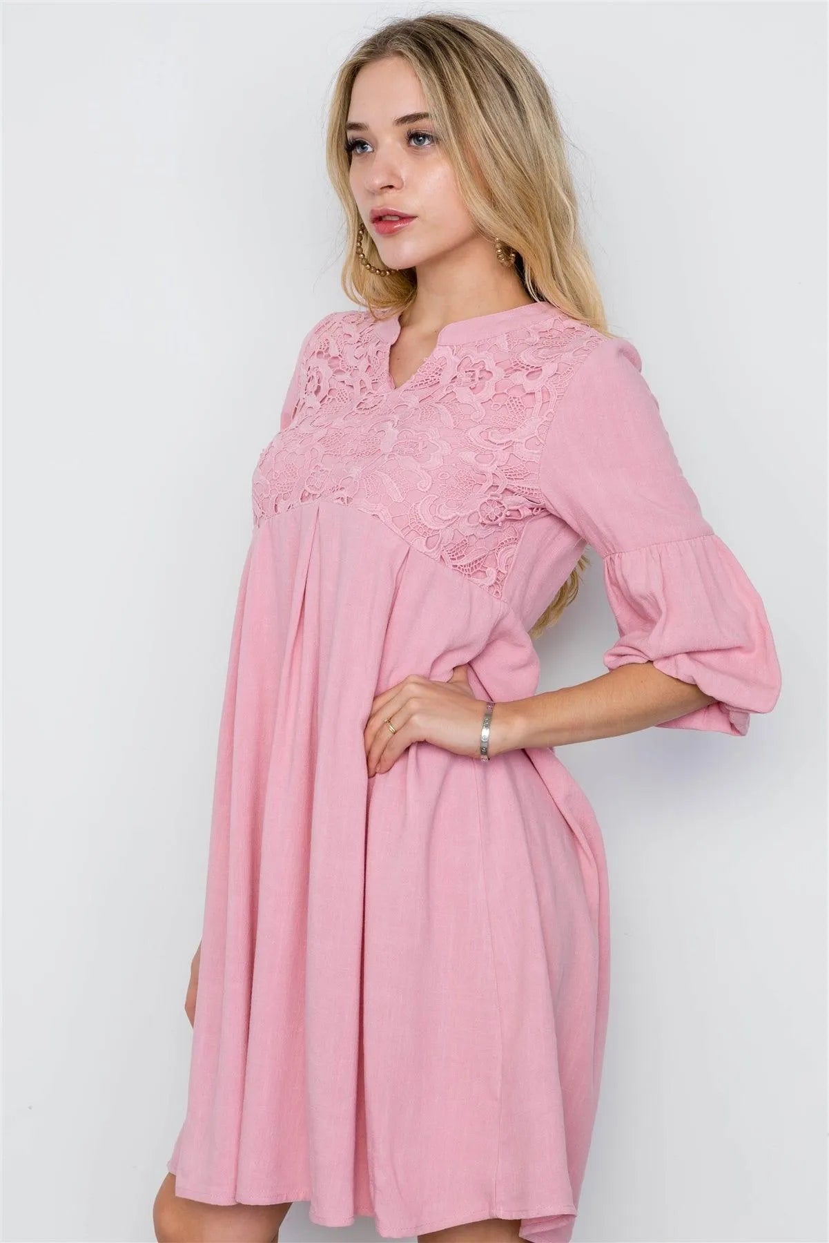 Pink Crochet Combo Boho Dress / 2-2-2 - Tasha Apparel Wholesale