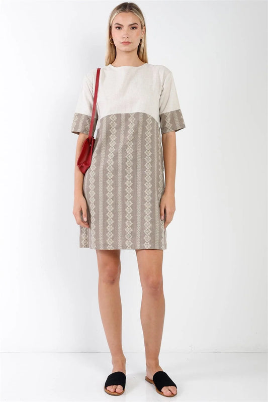 Brown Contrast Design Round Neck Shift Boho Dress /2-2-2 - Tasha Apparel Wholesale