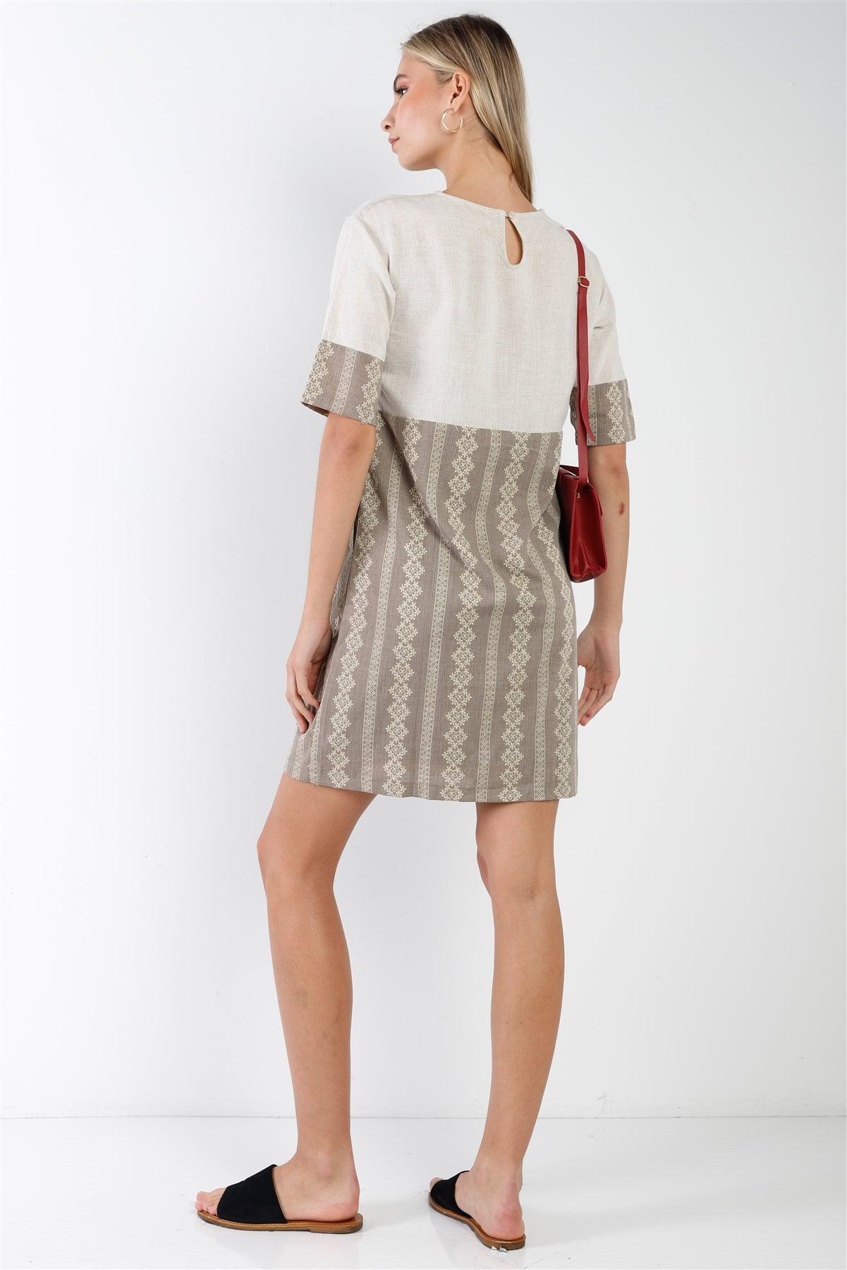 Brown Contrast Design Round Neck Shift Boho Dress /2-2-2