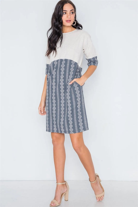 Navy Contrast Design Round Neck Shift Boho Dress /2-2 - Tasha Apparel Wholesale