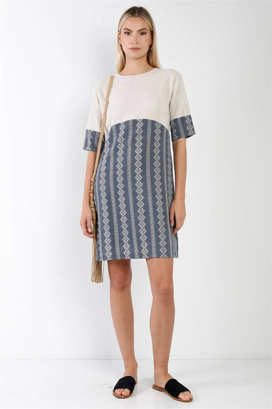 Navy Contrast Design Round Neck Shift Boho Dress /2-2-2 - Tasha Apparel Wholesale