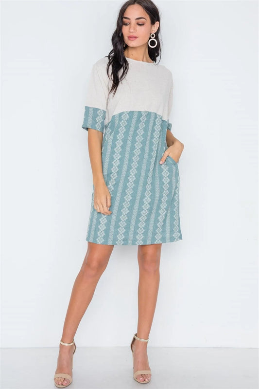 Sage Contrast Design Round Neck Shift Boho Dress /1-2-2 - Tasha Apparel Wholesale