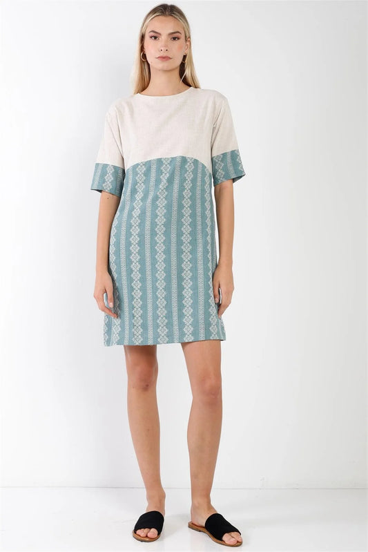 Sage Contrast Design Round Neck Shift Boho Dress /2-2-2 - Tasha Apparel Wholesale