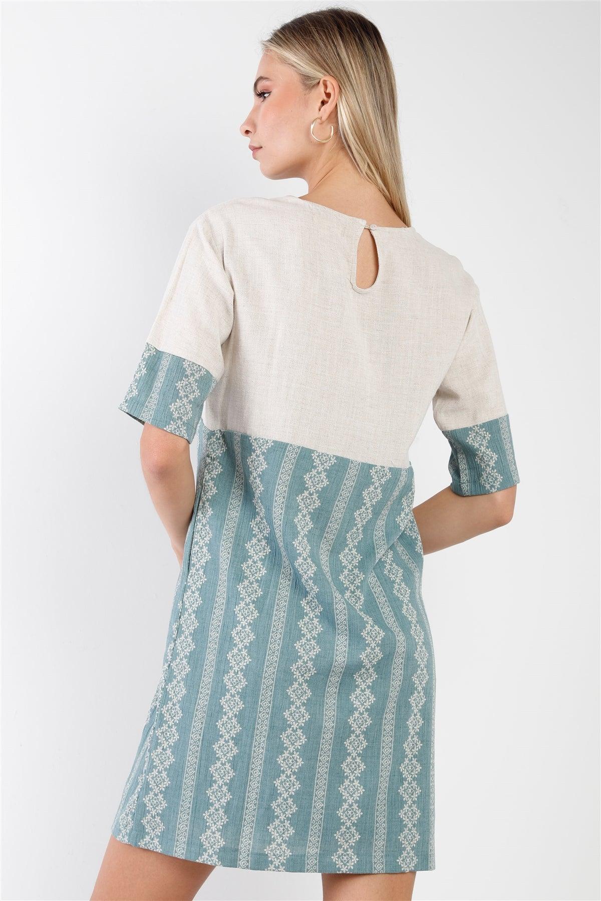Sage Contrast Design Round Neck Shift Boho Dress /2-2-2