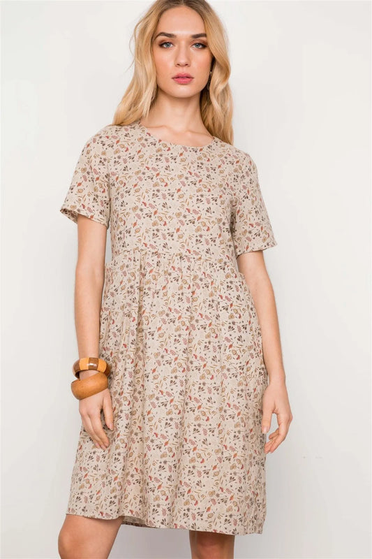 Oatmeal Floral Print Short Sleeve Boho Mini Midi Dress / 2-2-2 - Tasha Apparel Wholesale
