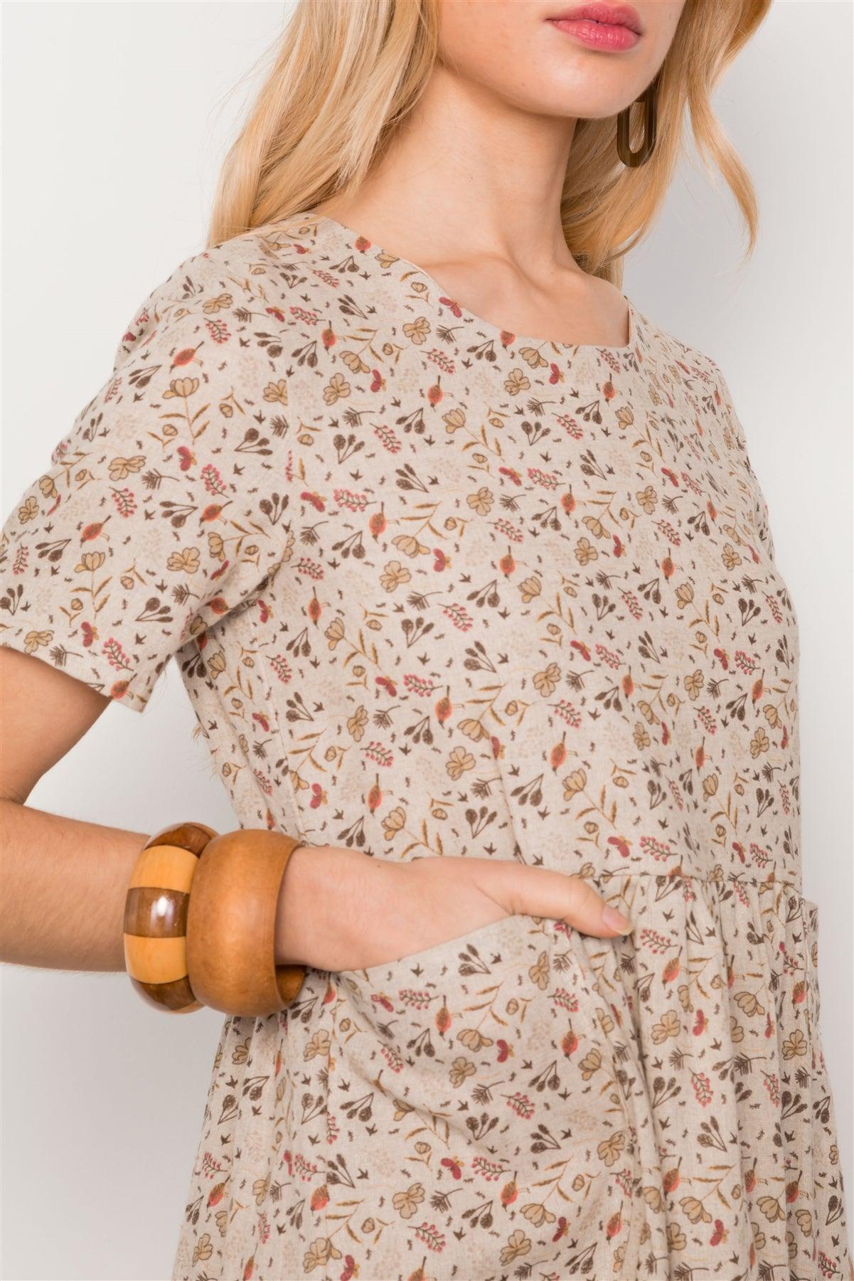 Oatmeal Floral Print Short Sleeve Boho Mini Midi Dress / 2-2-2