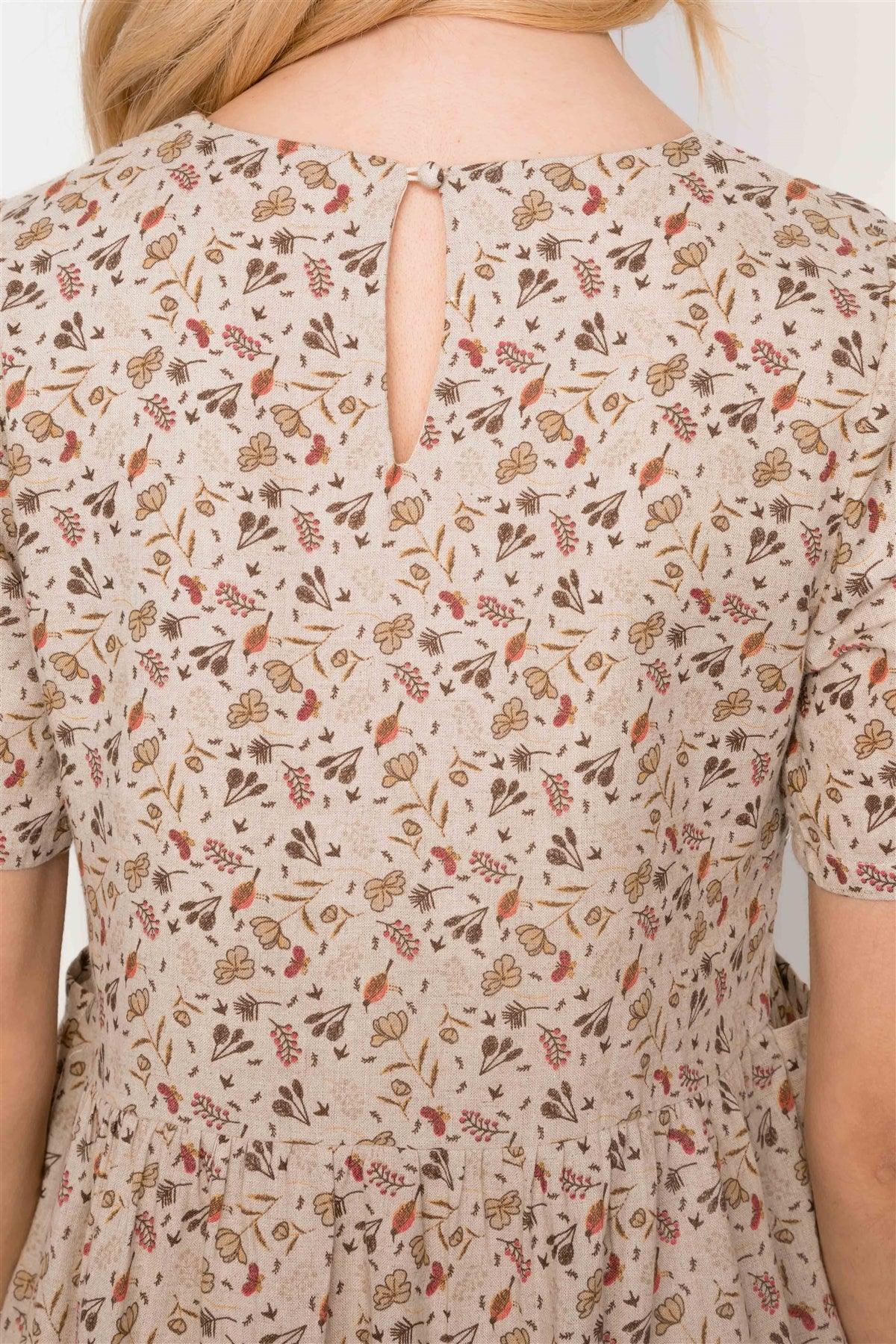Oatmeal Floral Print Short Sleeve Boho Mini Midi Dress / 2-2-2