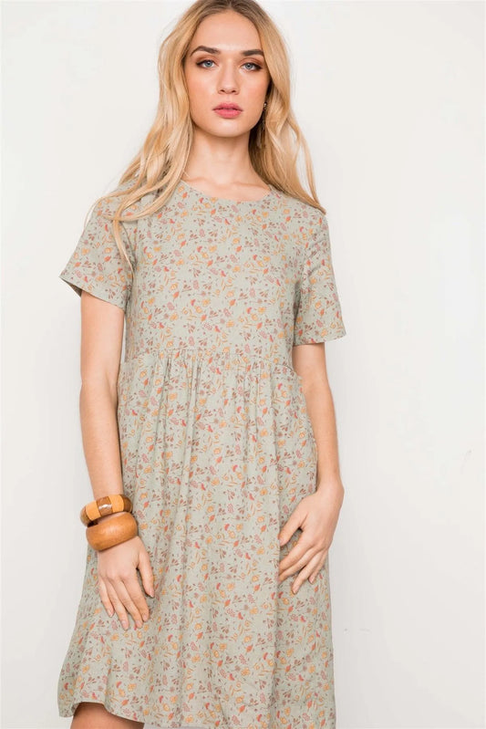 Sage Floral Print Short Sleeve Boho Mini Midi Dress / 2-2-2 - Tasha Apparel Wholesale