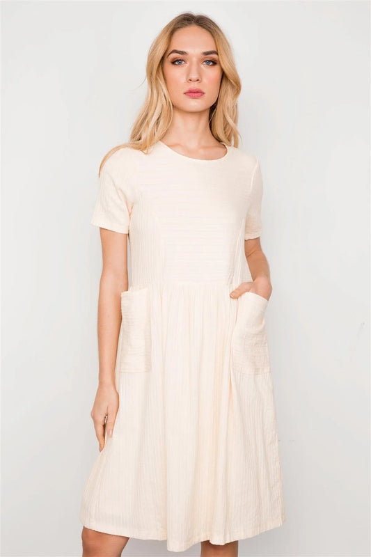 Cream Short Sleeve Round Neck Midi Dress / 2-2-2 - Tasha Apparel Wholesale