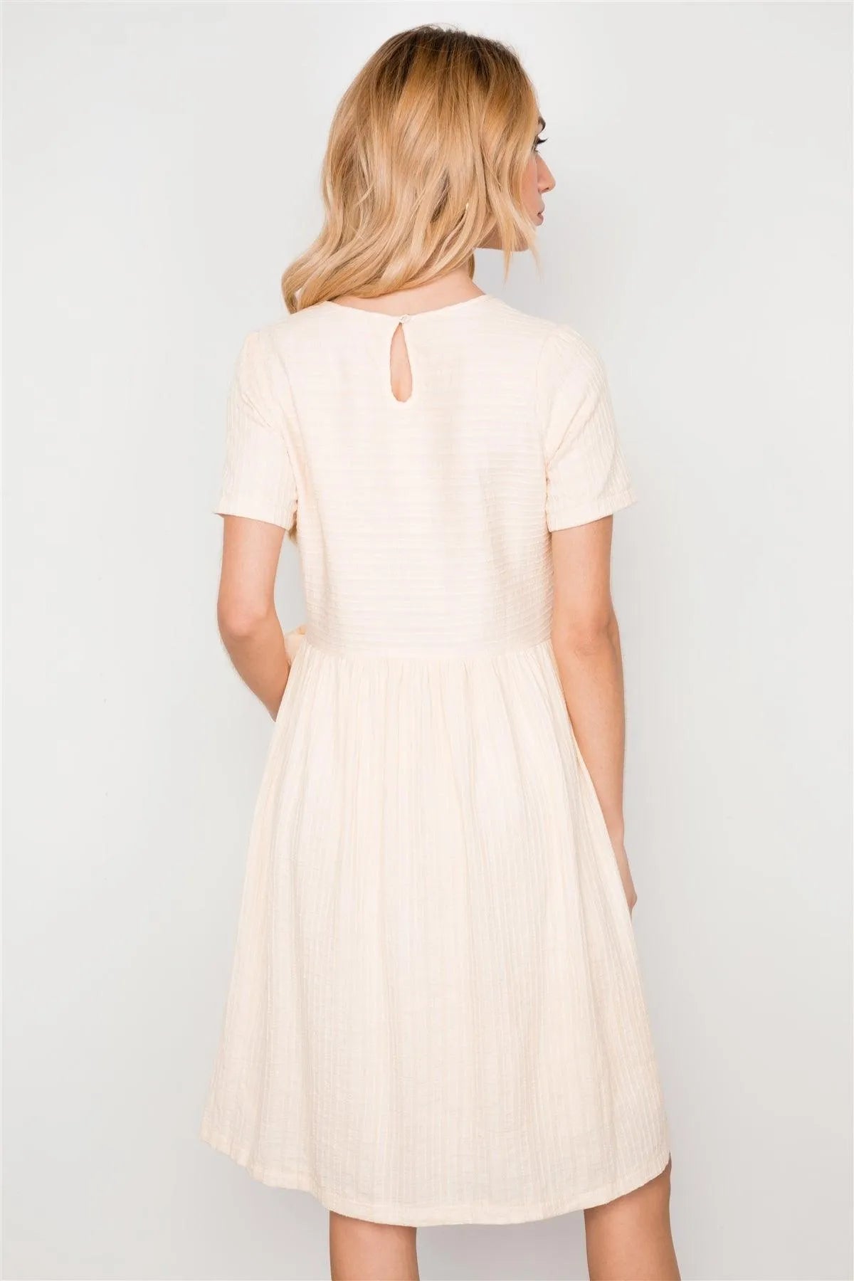 Cream Short Sleeve Round Neck Midi Dress / 2-2-2 - Tasha Apparel Wholesale
