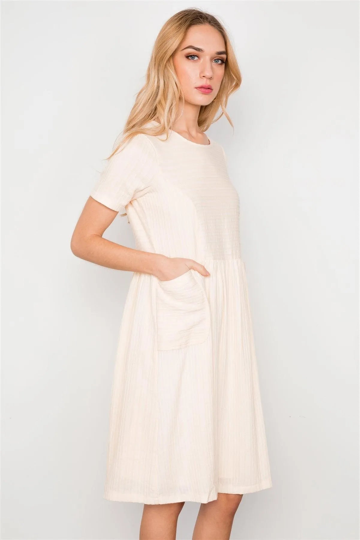 Cream Short Sleeve Round Neck Midi Dress / 2-2-2 - Tasha Apparel Wholesale